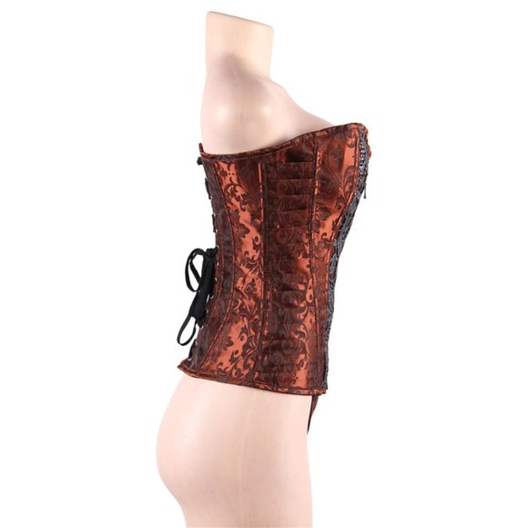 Brown Retro Corset Plus Size Corset Deep Brown Retro Lace Up Strapless Sleeveles - Picture 7 of 12